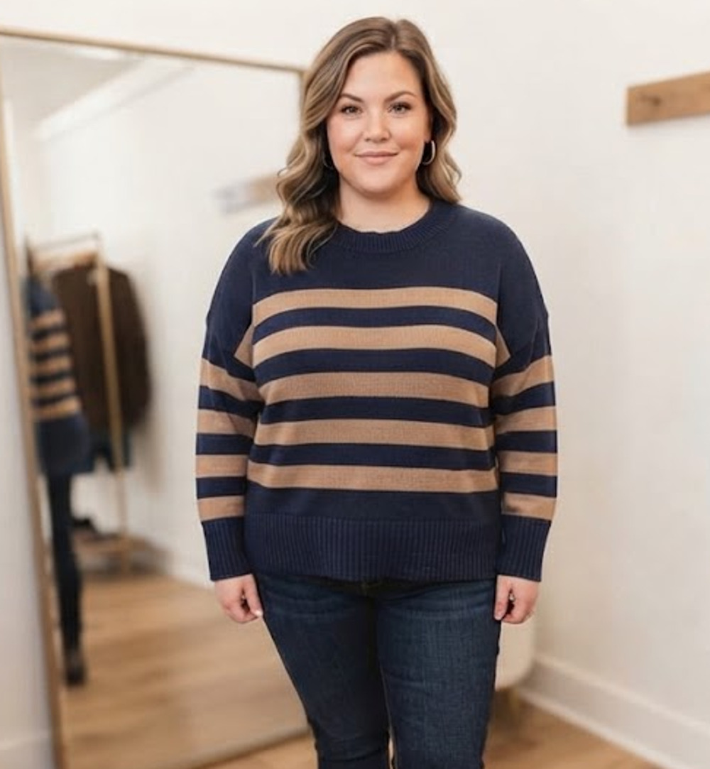 Sonoma Women's 2X Blue Tan Striped Sweater Crewneck Long Sleeve Stretch NEW